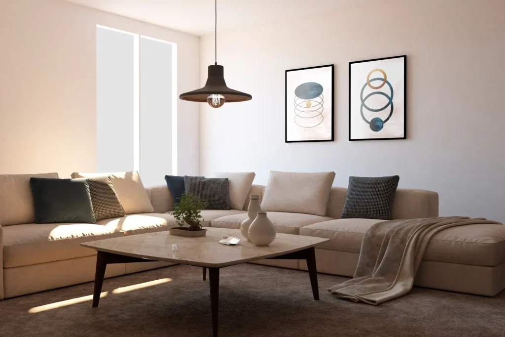 Living room with a beige sectional sofa, decorative pillows, and a coffee table in the center