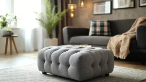 A grey ottoman positioned in front of a stylish couch in a cozy living room setting.